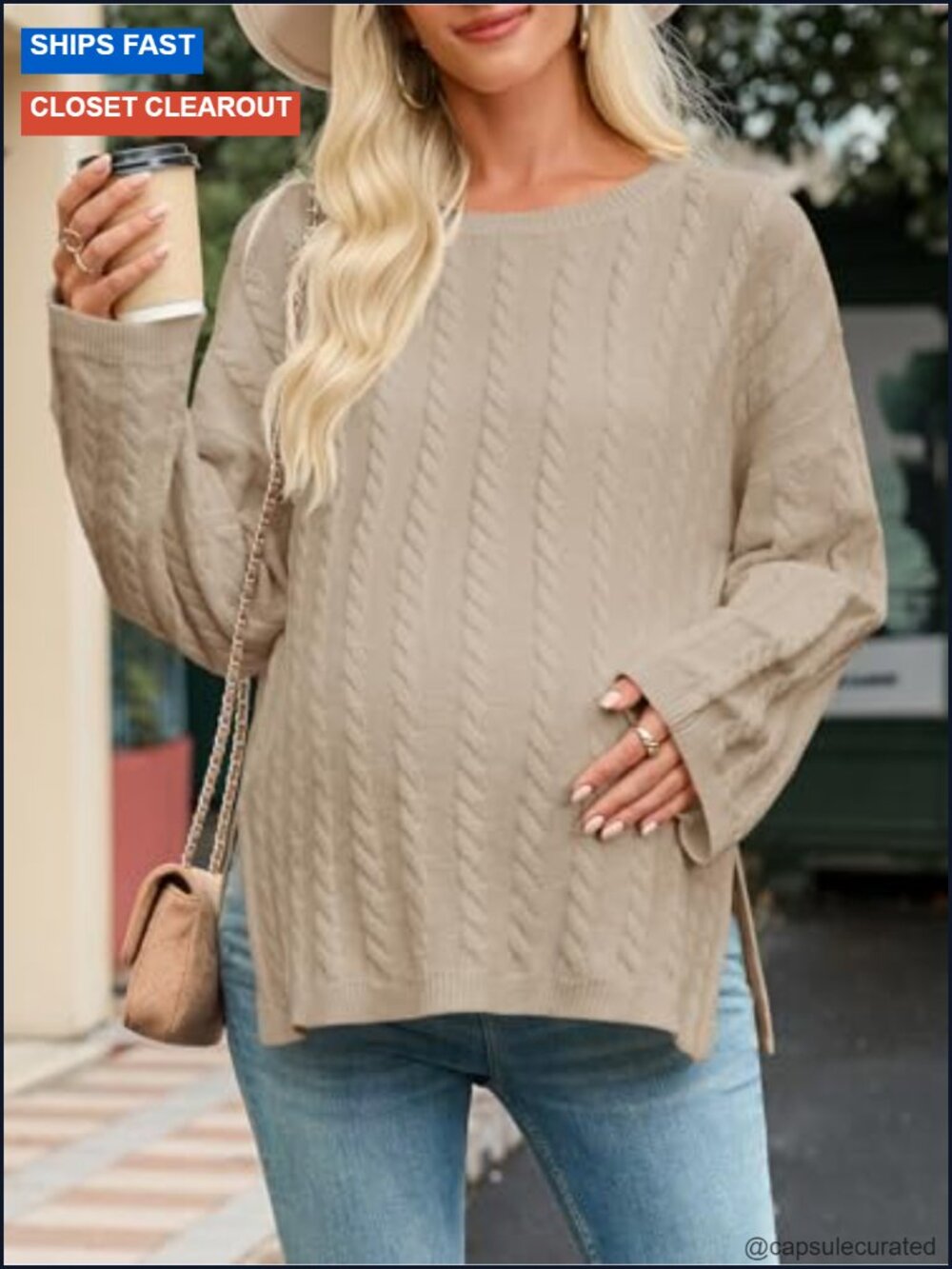 Maternity Cable Knit Sweater Loose Fit Crewneck Long Sleeve Side Slit Fall - Picture 3 of 6